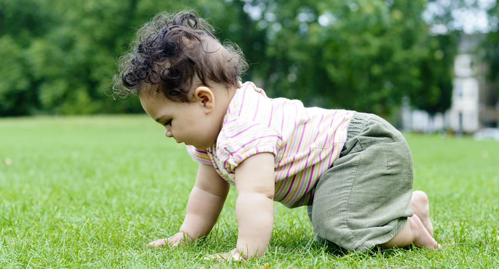 curly haired baby crawling in grass