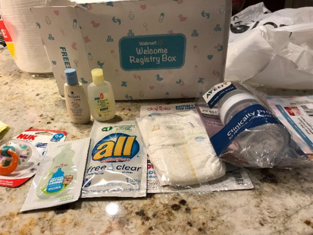 A Walmart baby registry welcome box appears in this image