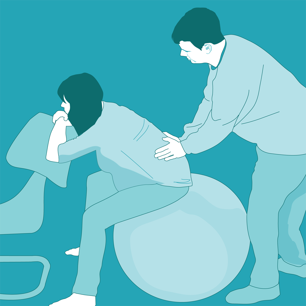 illustration of a pregnant woman leaning forward while sitting on an exercise ball to assist with labor