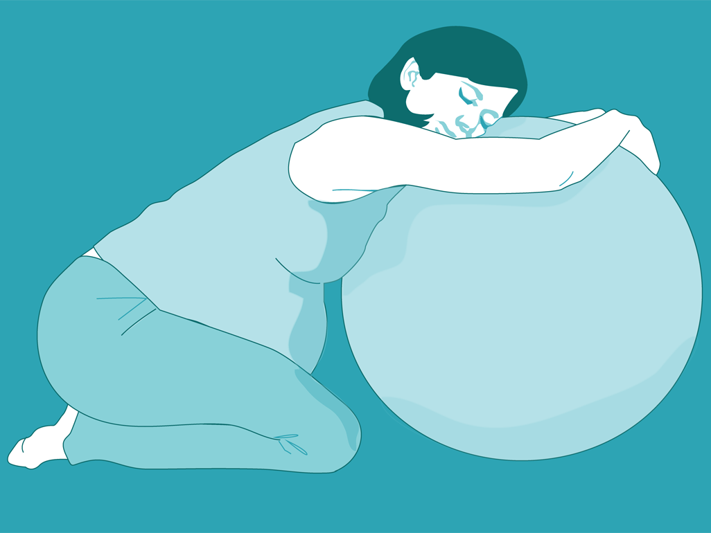 illustration of a pregnant woman kneeling forward onto an exercise ball to assist with labor