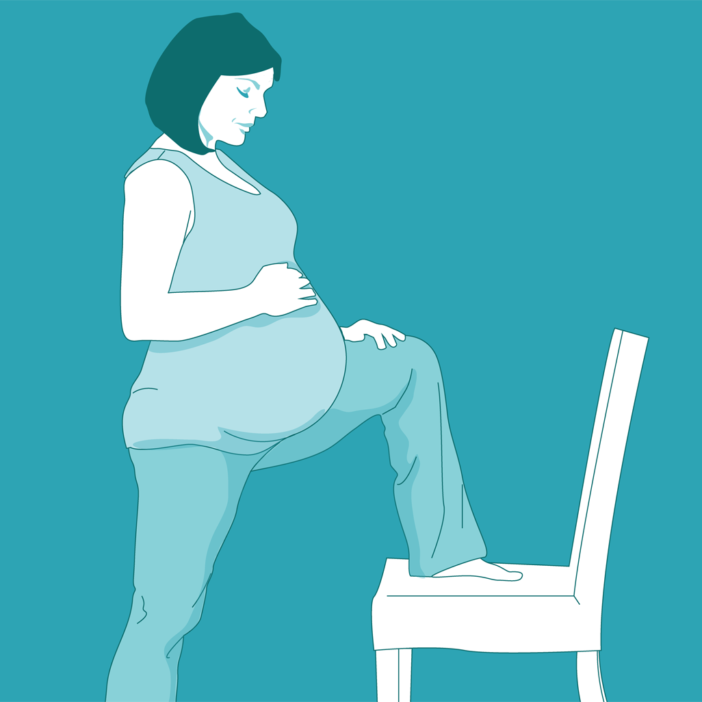 illustration of a pregnant woman standing with one leg up on chair to assist with labor