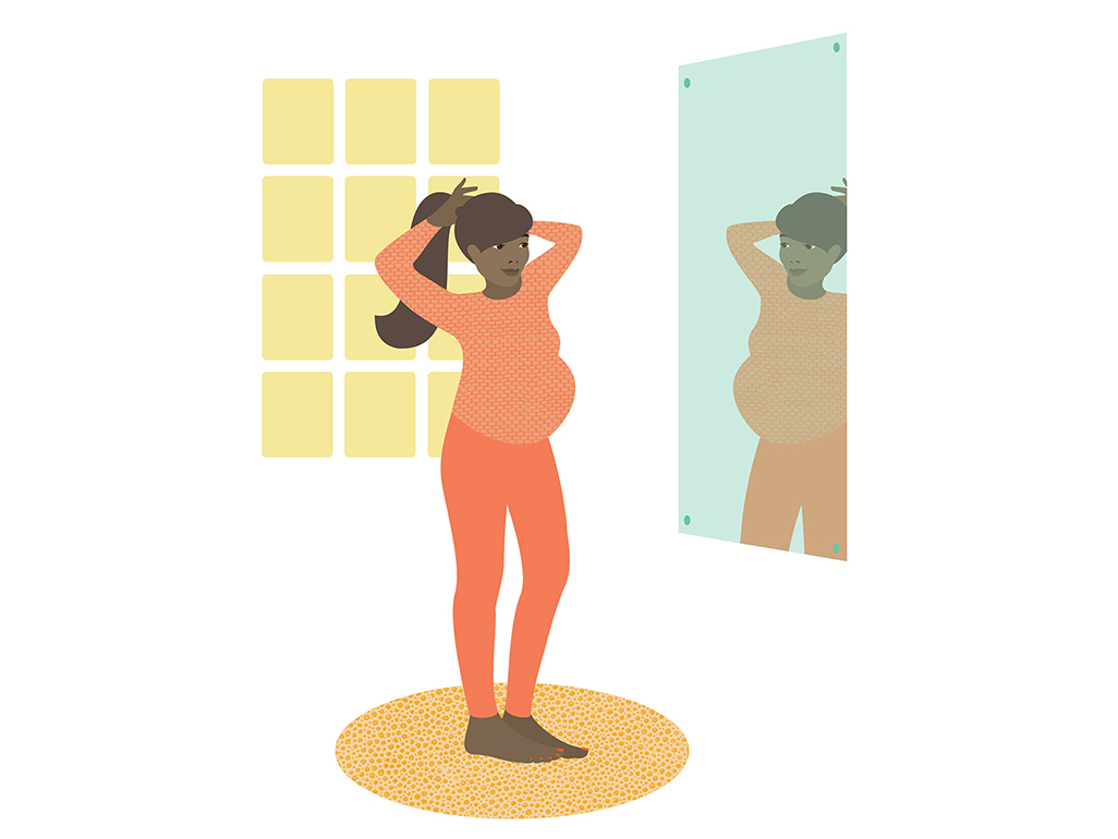 cartoon of a pregnant woman admiring herself in the mirror 