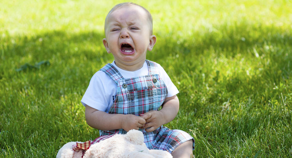 child crying while sitting on the grass with his lamb toy